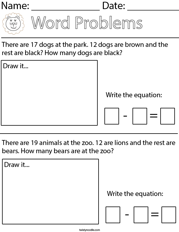 Animal Subtraction Word Problems Math Worksheet Twisty Noodle
